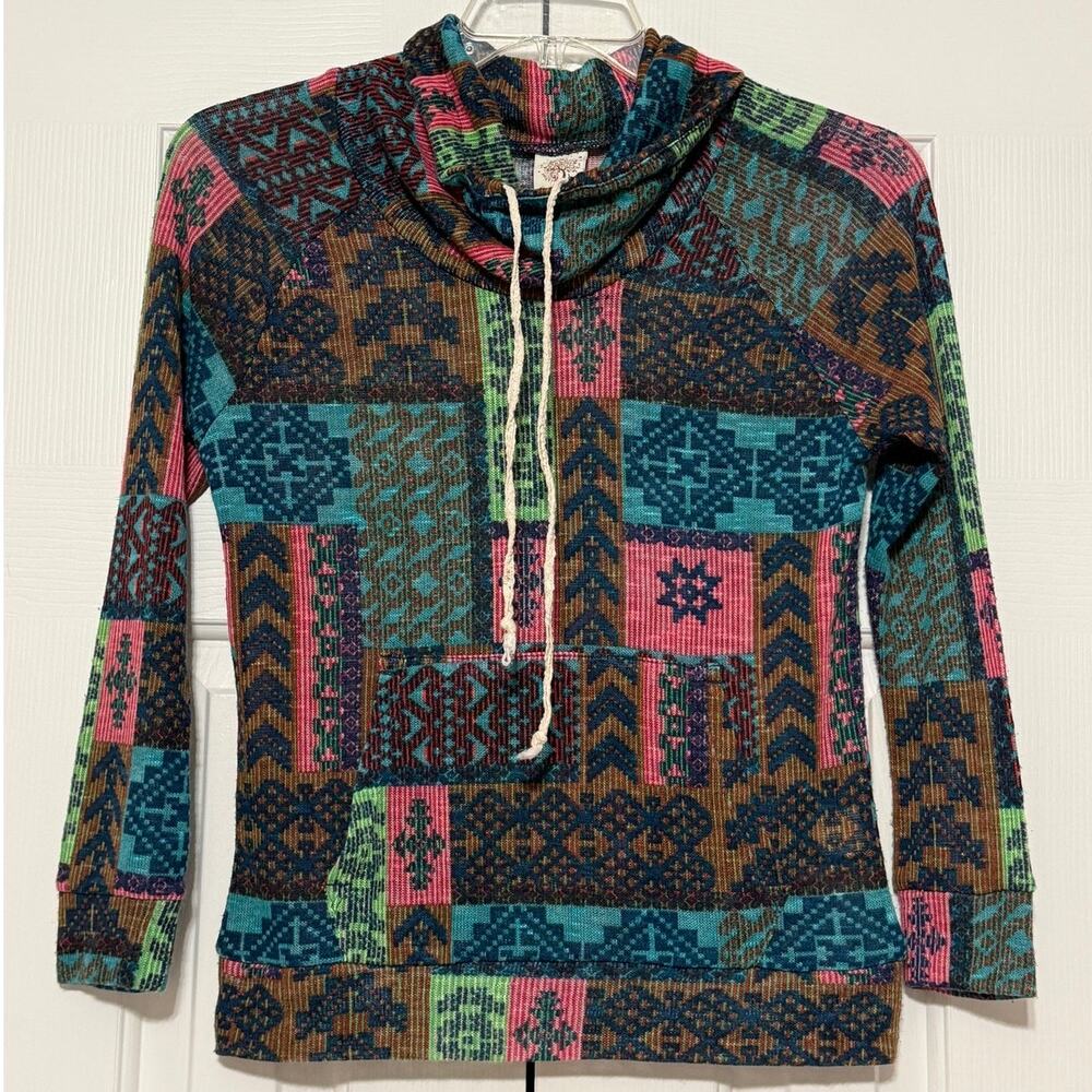 Self-Esteem Boho Patchwork Print Cowl Neck Hoodie, Size S